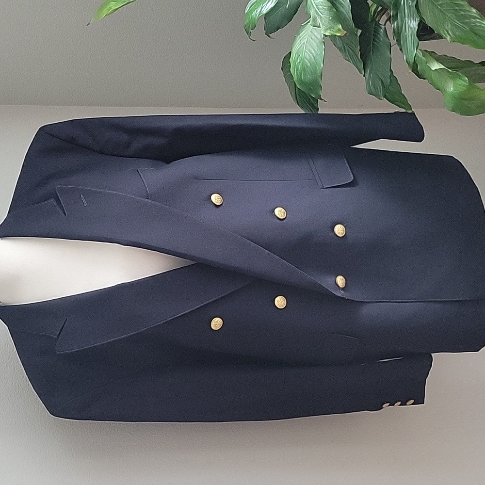 Vintage Alexander Shields New York Navy Double-Breasted Wool Blazer Gold Button